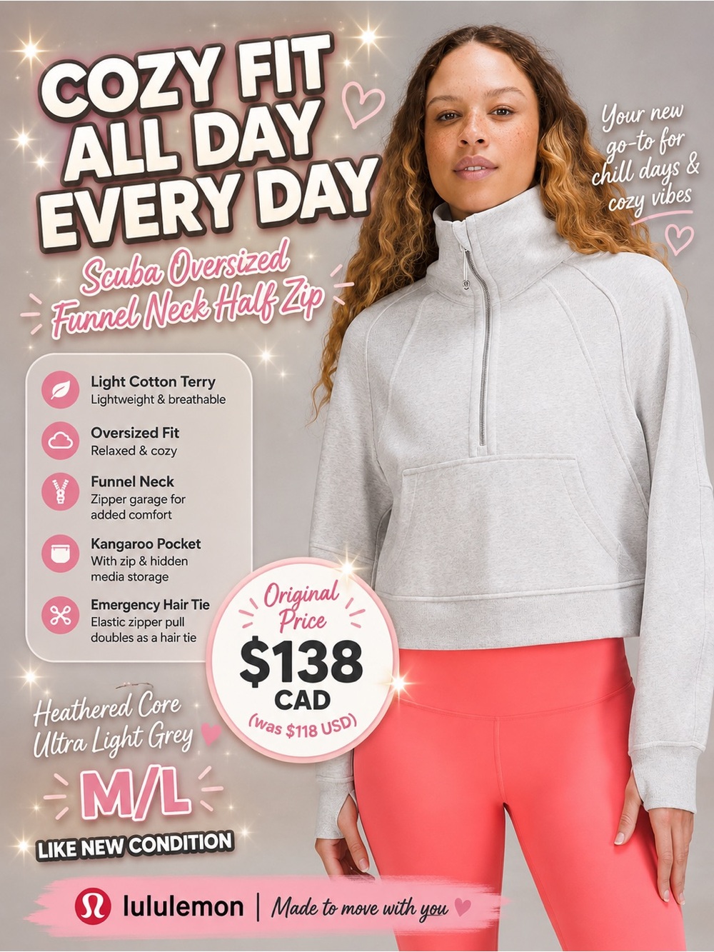 M/L Lululemon oversized half zip light grey